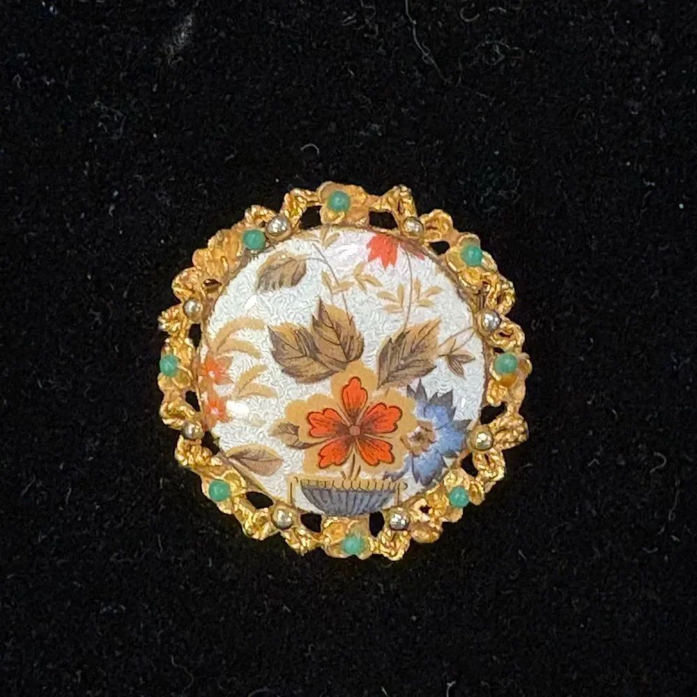 Vintage LJM Floral Brooch with Gold and Green Accents